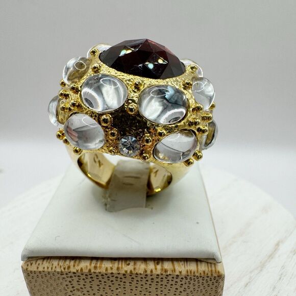 Huge Domed Cocktail Ring Faux Garnet With Clear Cabochons HSN QVC Size 6.5 - Picture 6 of 13